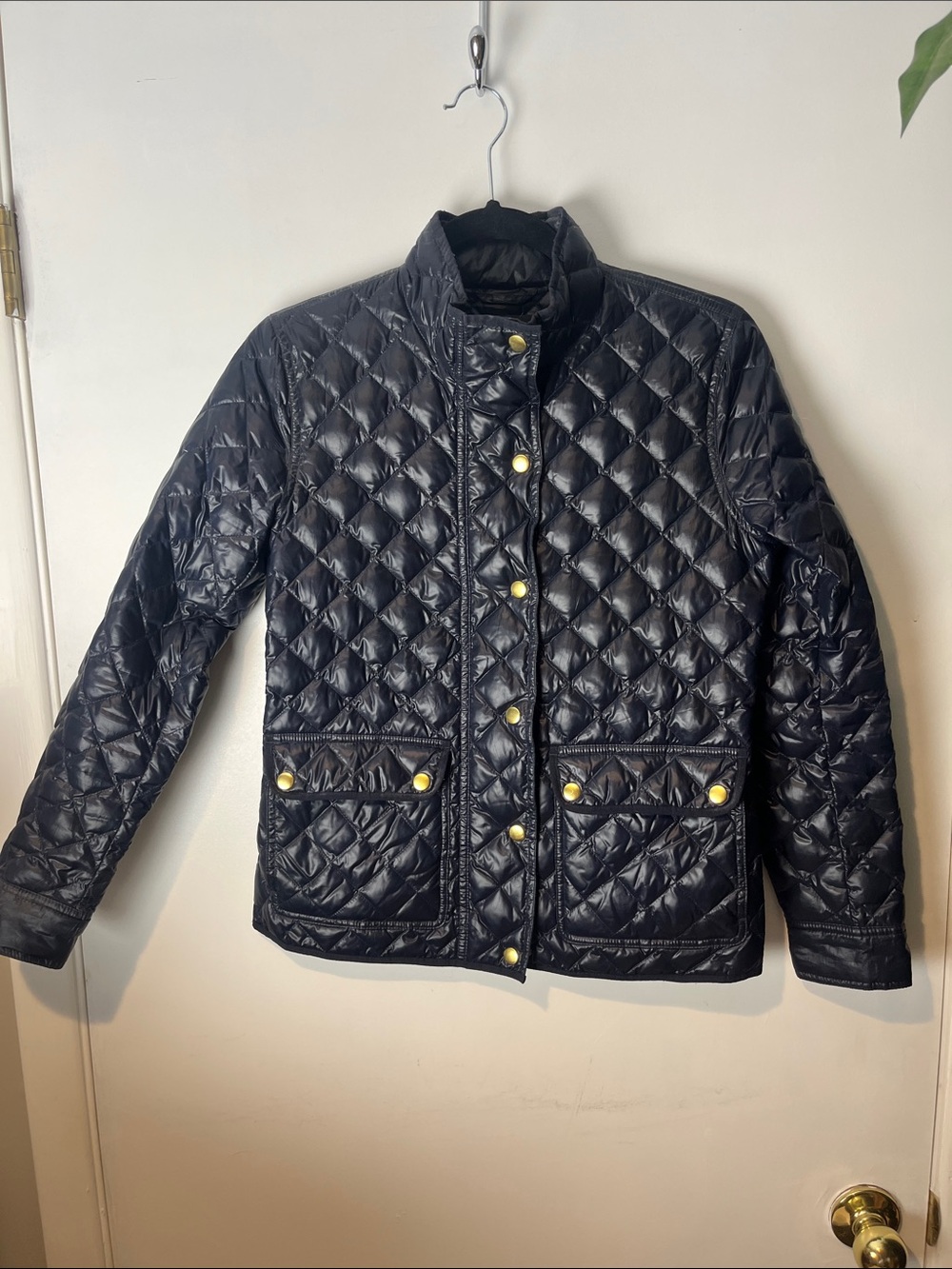 J. Crew Black Quilted Puffer Jacket with Gold-Tone Snaps